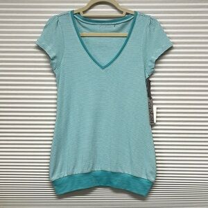 Caslon NWT Turquoise and White Stripe V-neck Banded Bottom Hem T-Shirt